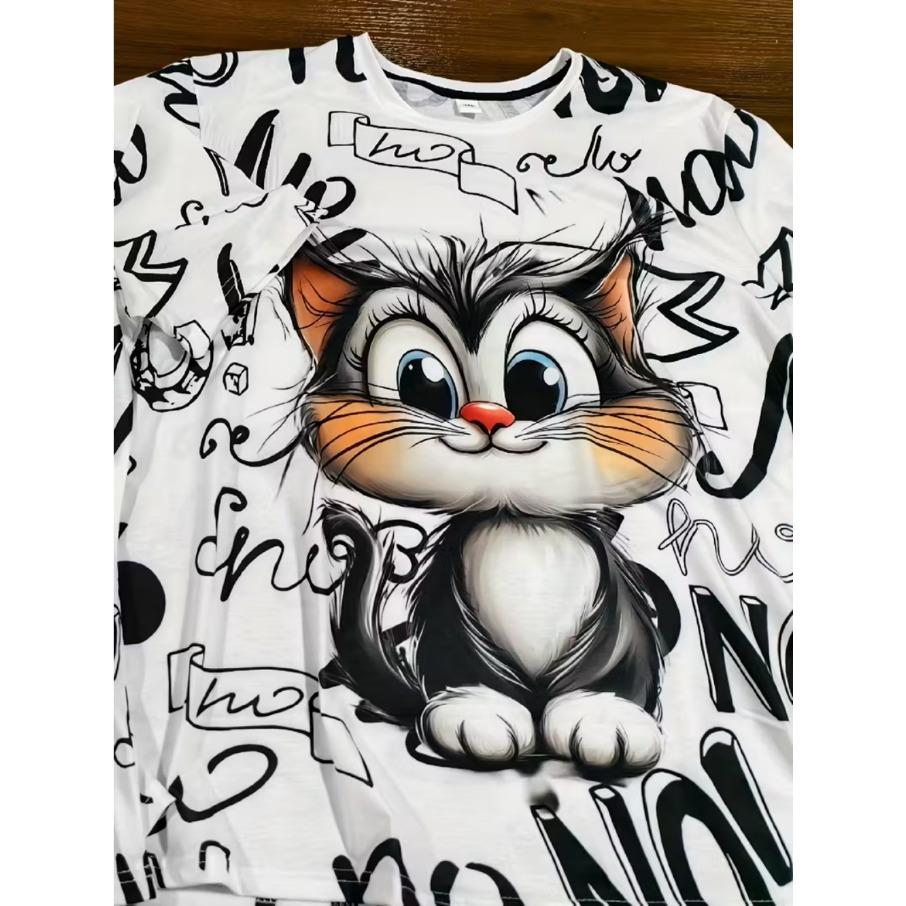 XL-7XL Plus Size Women's Men Cartoon Cat Casual 3D Print Loose V Neck Short Sleeved T-shirt Top