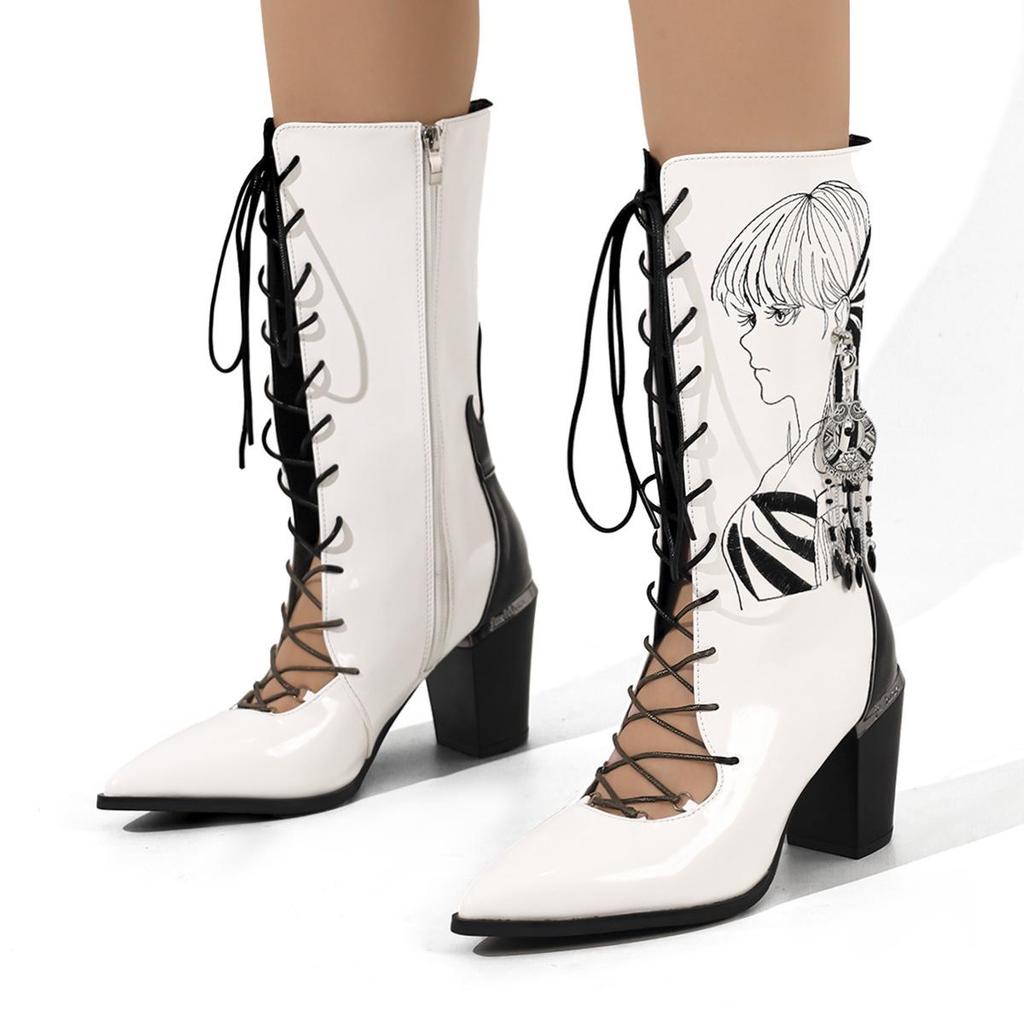 Damskie kozaki do połowy łydki na grubym obcasie - Haftowane, Wodoodporne, Retro wsuwane na lato i jesień