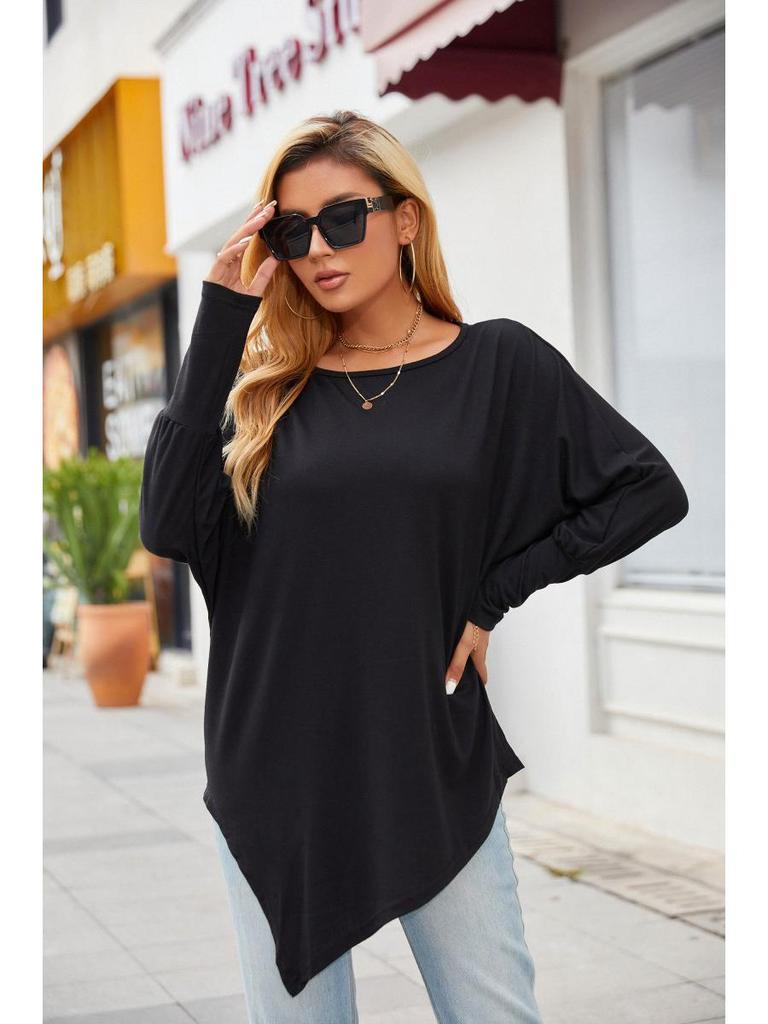 T-shirt jesienno-zimowy z długim rękawem, nieregularny, w dużych rozmiarach - Casualowy, luźny krój