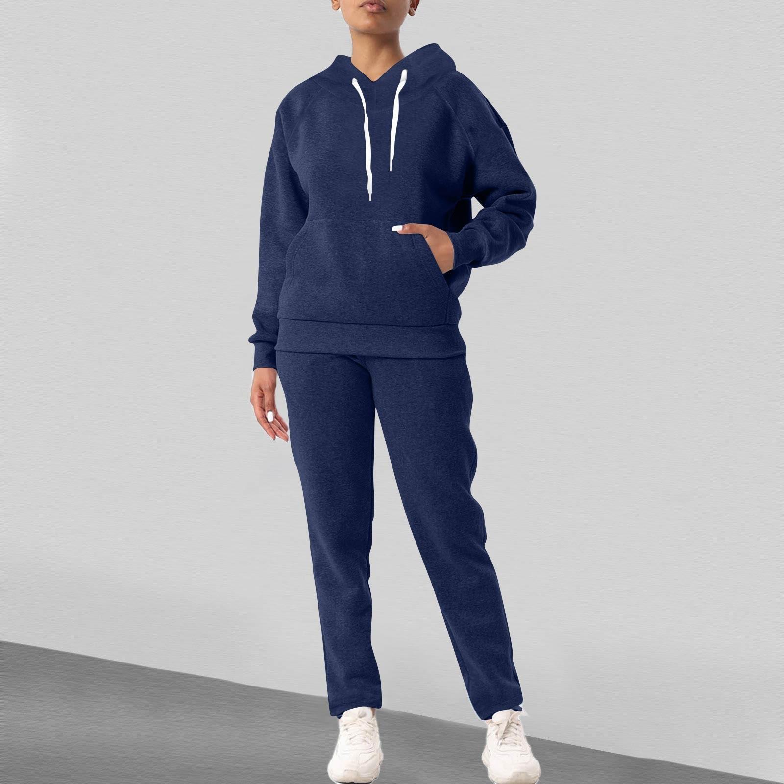 

Женская мода сплошной цвет с длинными рукавами и длинными брюками спортивный комплект из двух предметов XL тёмно-синий