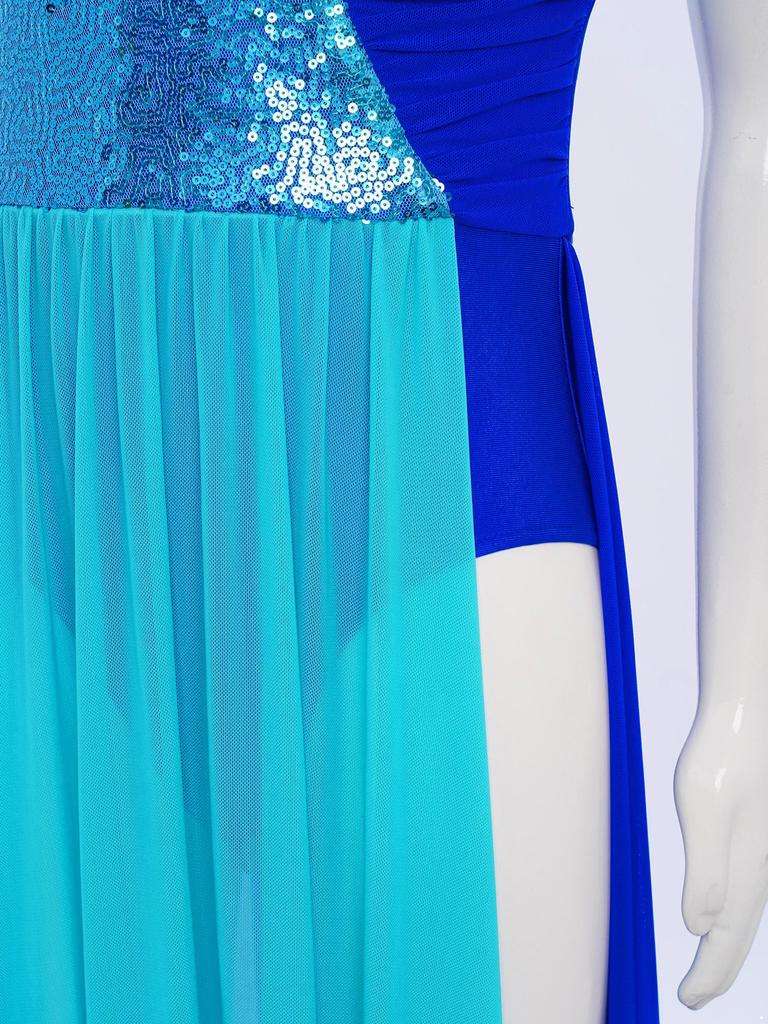Girls Lyrical Performance Dress Sleeveless Sparkling Sequins Top And Color Block Side Split Skirt