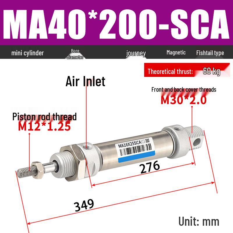 Mini Stainless Steel Pneumatic Cylinder MA Series (16-40mm Bore, 50-200mm Stroke)