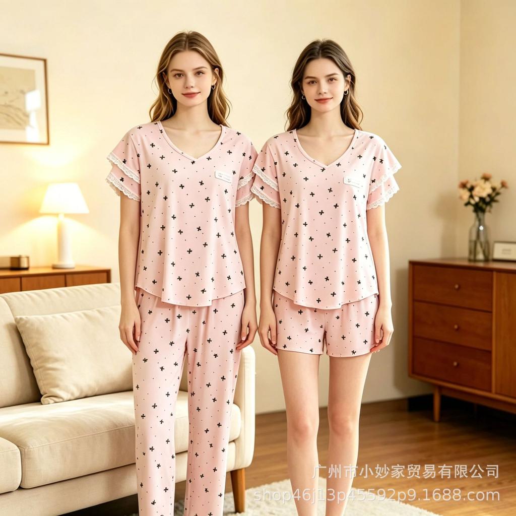 Women's pajamas set lace splicing floral short-sleeved shorts trousers loungewear three-piece pajamas