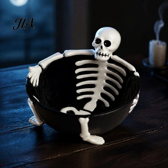 Piatto da Portata per Feste Scheletro di Halloween Rilassato Stuzzichini Servizio, Ciotola Caramelle in Resina a Rilievo 3D per Tavolo Decorazioni Festività Snack Salse, Creativo