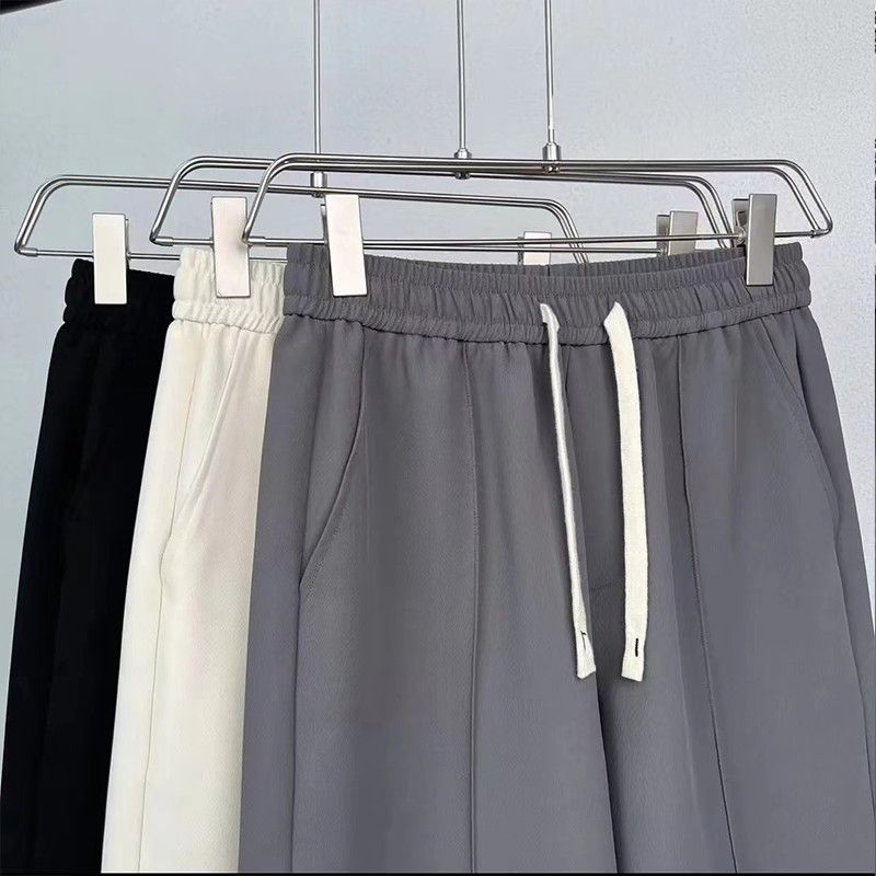 Men's Summer New Lace Up Ice Silk Pants Fashionable Simple Breathable Solid Color Pocket Panel Casual Versatile Straight Shorts