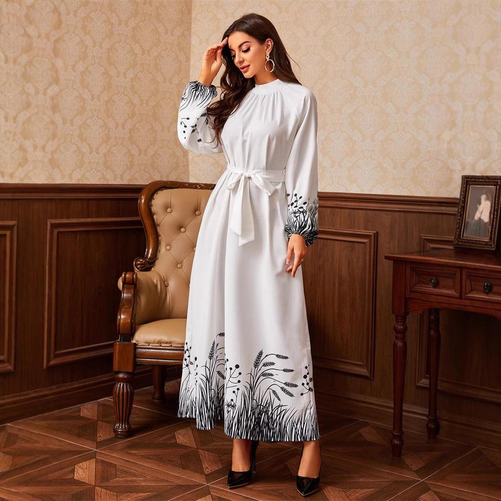 Middle Eastern Print Long Dress with Waistband and Round Neck