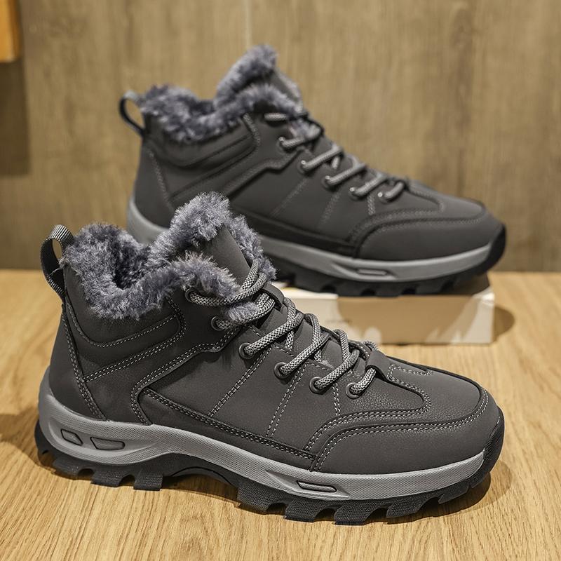 Fashion Man Cotton Boots Men Winter Short Plush High-top Leather Shoes Men's Thickened Non-slip Snow Boots Man Comfy Lace-up Solid Boots