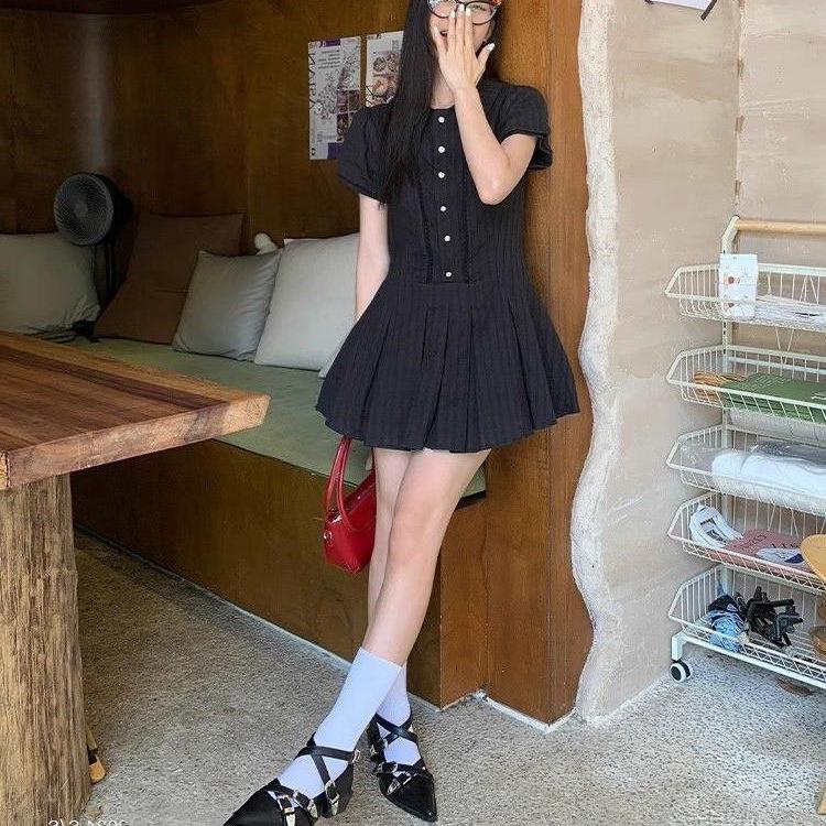 2026 new college style lapel white dress women's a-word skirt summer sweet and thin skirt