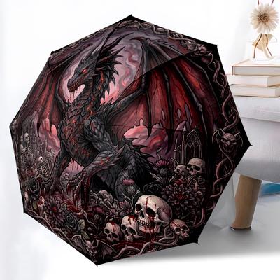 1 pièce Parapluie Automatique Robuste à 8 Baleines, Parapluie Crâne de Dragon Rouge Foncé, Imprimé Numérique, Parapluie Pliable pour Utilisation Extérieure en Déplacement