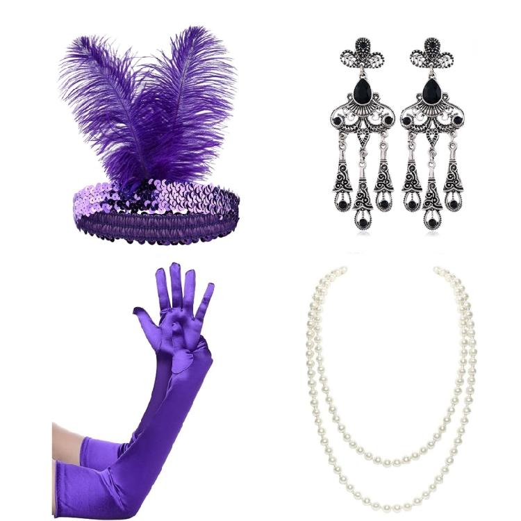 Girl Feather Headband Medieval Etiquettes Gloves with Earring&Pearl Necklace Set