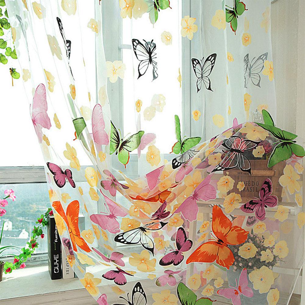 1PC Tulle Curtain For Bedroom Kitchen Kids Room Decoration Louver Window Treatments Romantic Butterfly Pattern Sheer Drape