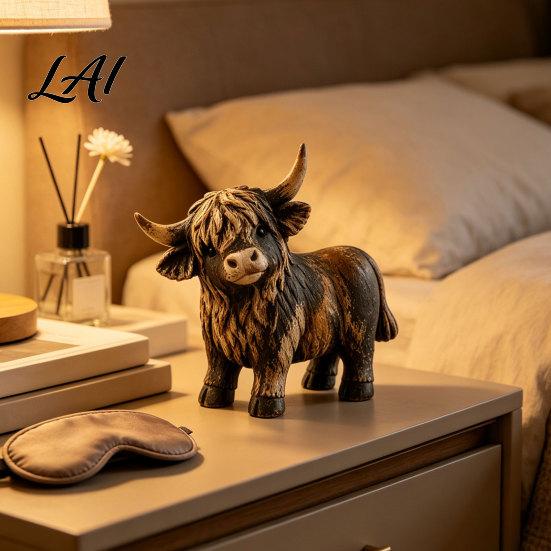 Handmade Highland Cow Gift Farmhouse Figurine Resin Scottish Bull Statue Rustic Hand Carved Crafts Tabletop Ornament Country Style Shelf