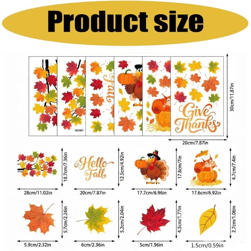 PVC Fall Window Clings, 6-Sheet Thanksgiving Collection with Turkey, Harvest Motifs, and Seasonal Lettering for Smooth Glass Displays