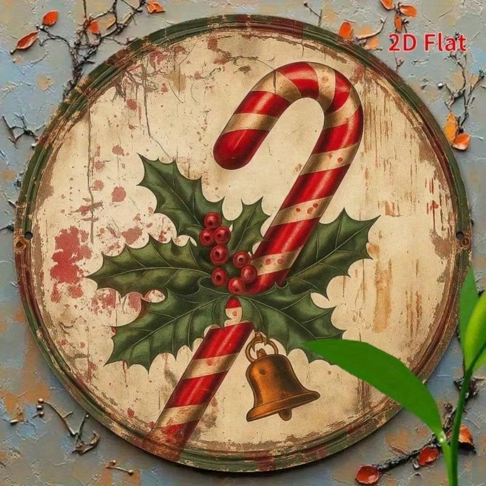 

Vintage Metal Wall Art Rustic Christmas Decor Candy Cane Holly Berries Golden Bells For Home Garden Cafe Indoor Outdoor 20x20 різнокольоровий