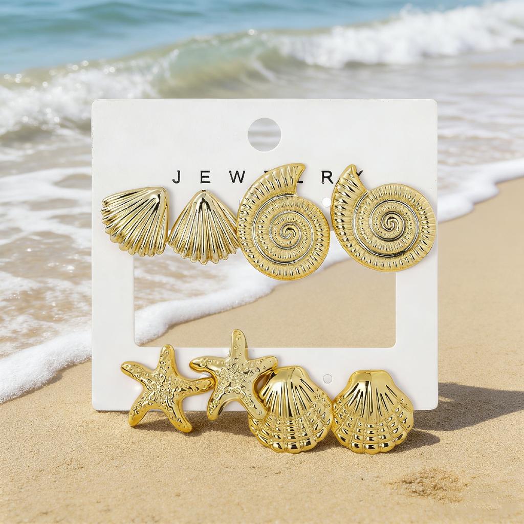 4 Pairs of Ladies' Golden Ocean Style Earrings Set, Shell Starfish Conch Vacation Earrings