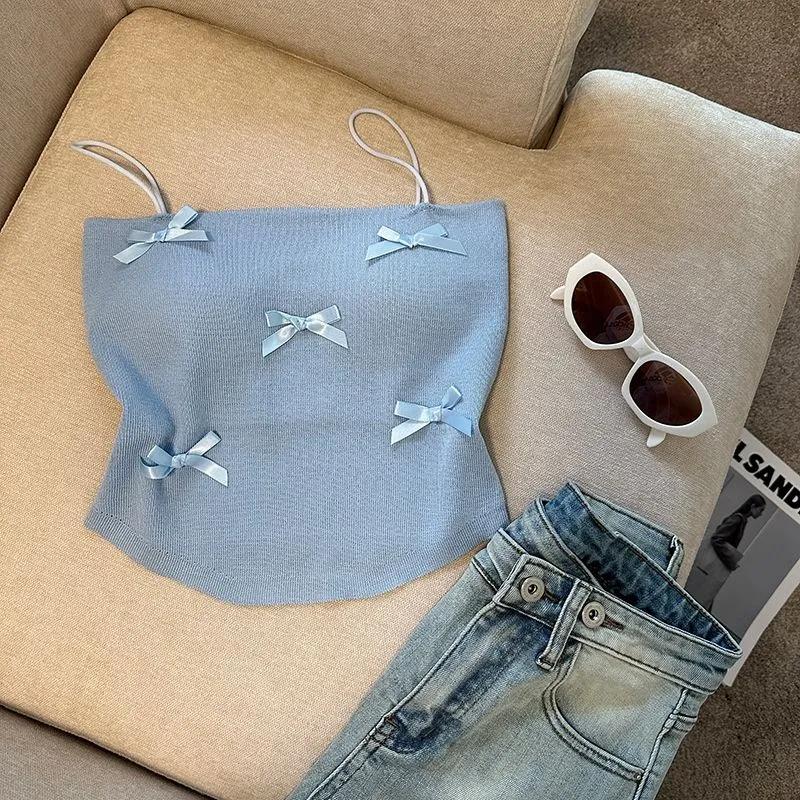 Women's Sweet Pink Bow Embellished Spaghetti Strap Knit Tank Top