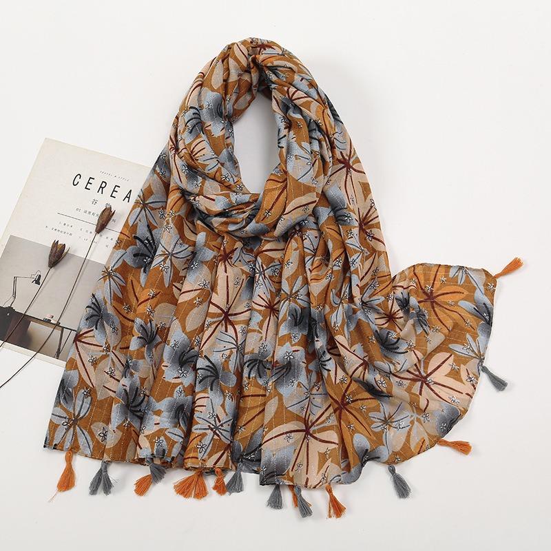 Spring and Autumn New Bali Yarn Tassel Retro Printed Geometric Scarf Versatile Fashion Travel Sunscreen Shawl Silk Scarf Women