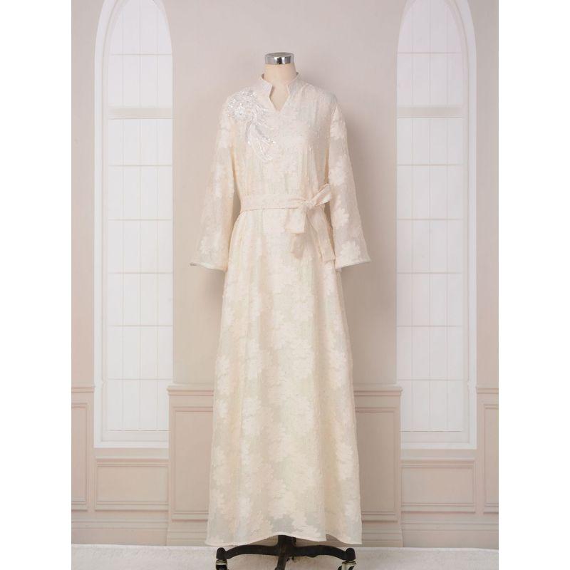 

Indonesian Women s Clothing Export Middle East Clothing New Arrival Jacquard Sequin Fashion Elegant Robe Belt Dress Dress Apricot color XXL