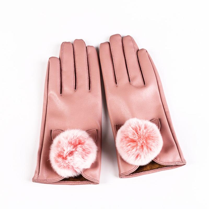 Autumn and winter warm gloves women's rabbit hairball thickened and velvet cold-proof fashionable and cute cycling leather touch screen gloves