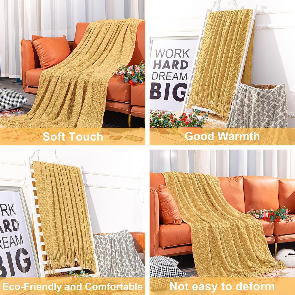 Knitted Throw Blanket Soft Cozy for Couch Yellow Living Room Home Decor Outdoor Lightweight Blanket with Tassels Warm Woven