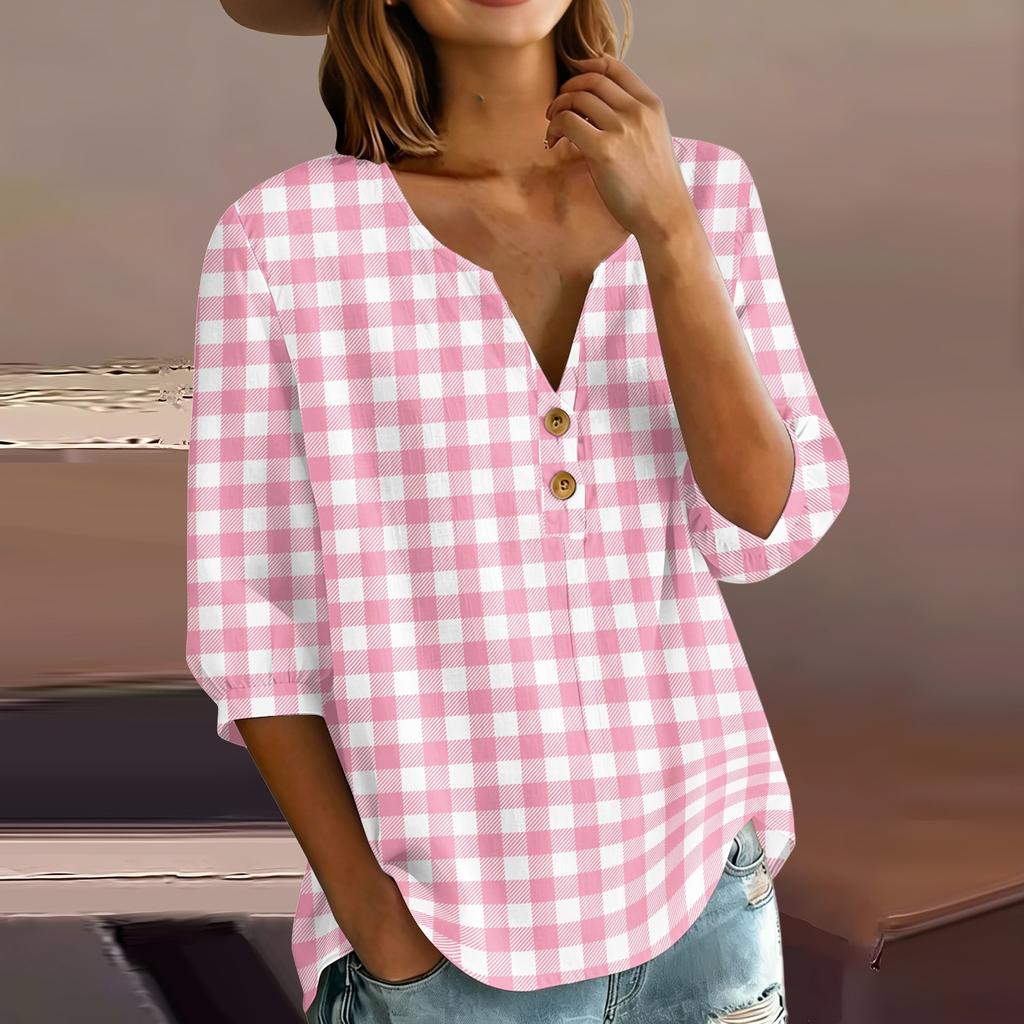 Women’s Casual Plaid Print Henley Shirt Cotton Linen Three Quarter Sleeve V Neck Button Front Loose Fit Top