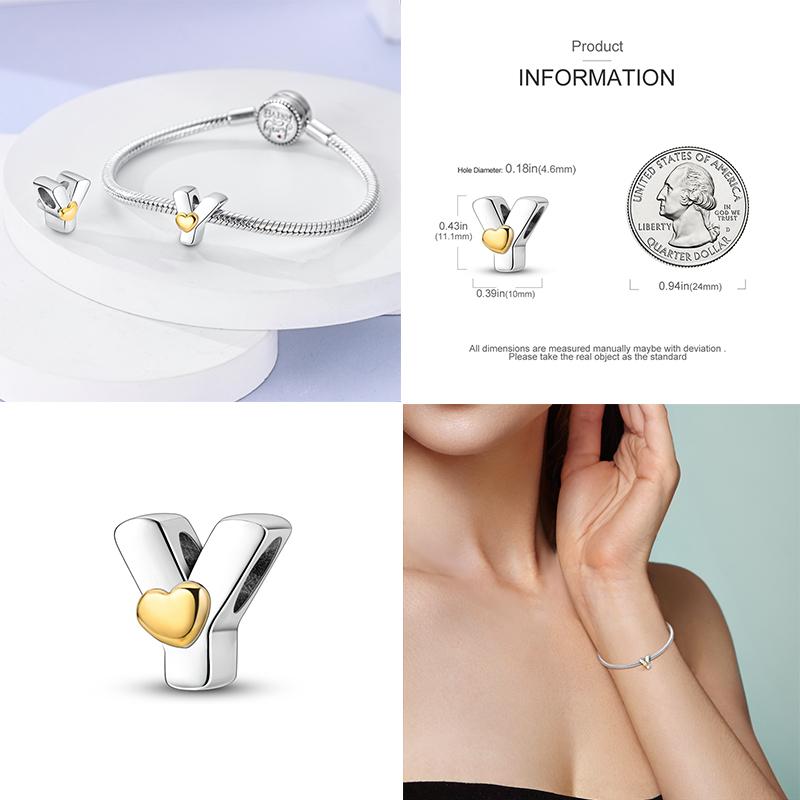 Neuer 26 A-Z Alphabet-Bead S925 Sterlingsilber Herz LOVE Buchstaben-Charm Passend für Original Armband Armreif CZ Zirkonia Bead Schmuck