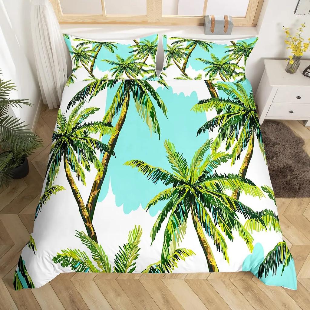 Comforter Palm Tree King Queen Full Twin Tropical Leaves Comforter Watercolor Style Bedding Set Polyester