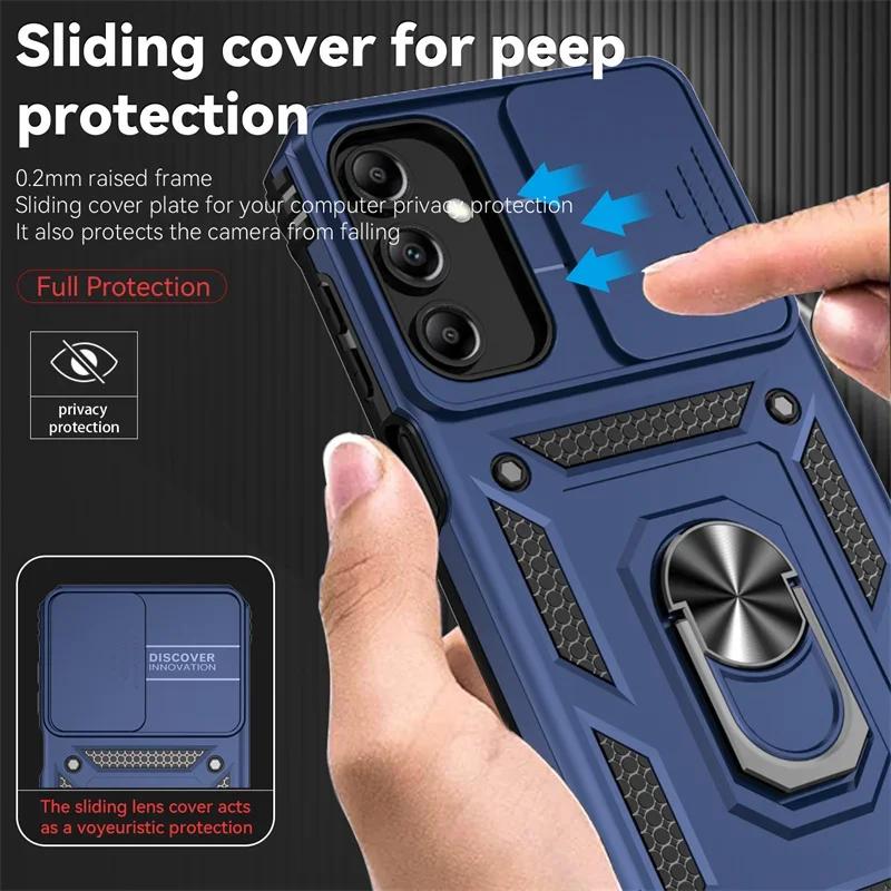 Slide Camera Lens Military Grade Armor Phone Case For Samsung Galaxy A16 A06 A15 A25 A35 A55 5G S24FE Holder Ring Stand Cover