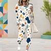 Women Plus Size Printed Two Piece Pants Set Round Neck Long Sleeve Cuffed Top Cuffed Pants With Pockets