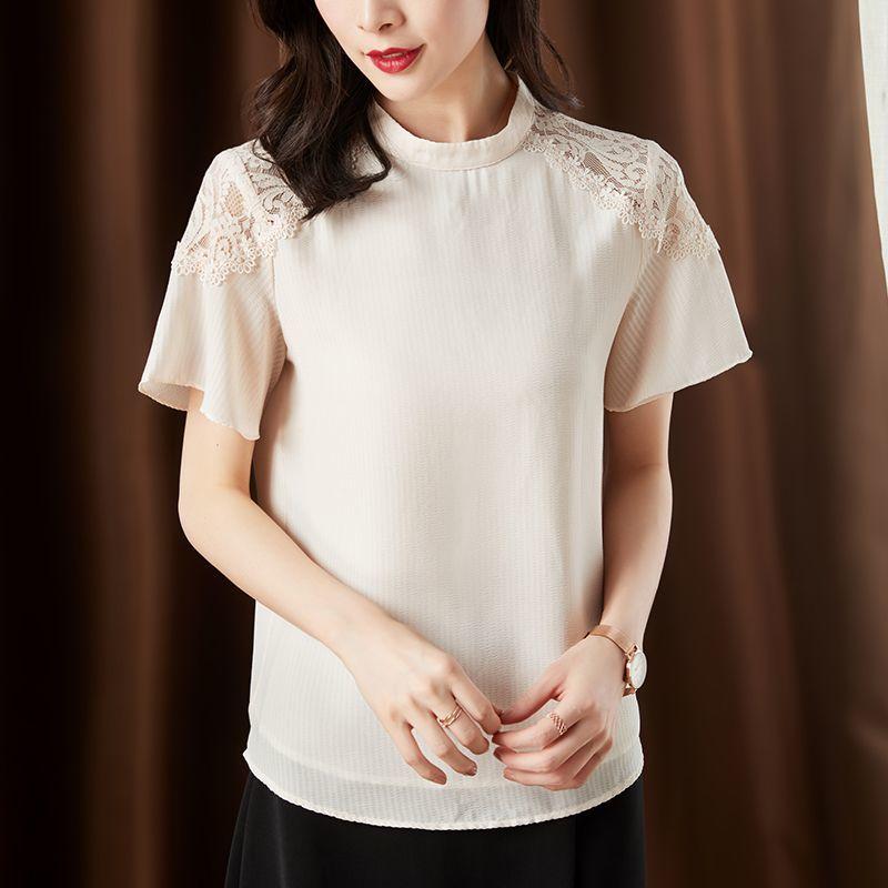Chic Chinese Style Summer Blouse Womens Lace Short Sleeve Casual Fashion Chiffon Top