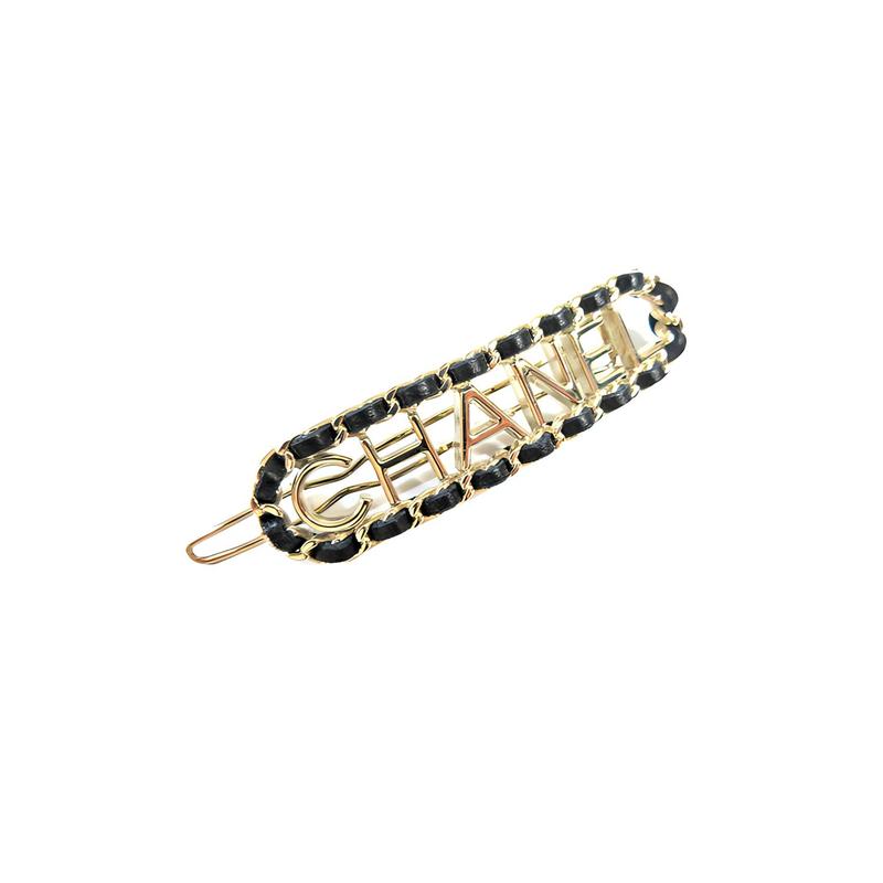 Chanel 22C] Leather Retro Chain Letters Leather Chain Classic Hair Accessories Metal Lambskin Hairpins for Women