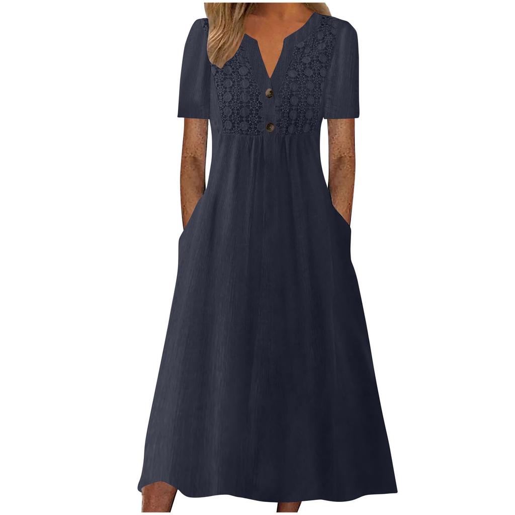 Summer Dresses For Women Boho Maxi Dress Short Sleeve V Neck Dresses Fashion Dress with Pockets