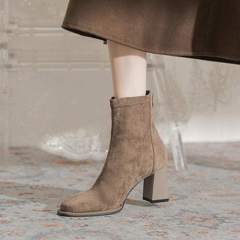 French suede thick heel short boots women's 2025 new rear zipper square head thin boots daily wear high heel women's boots