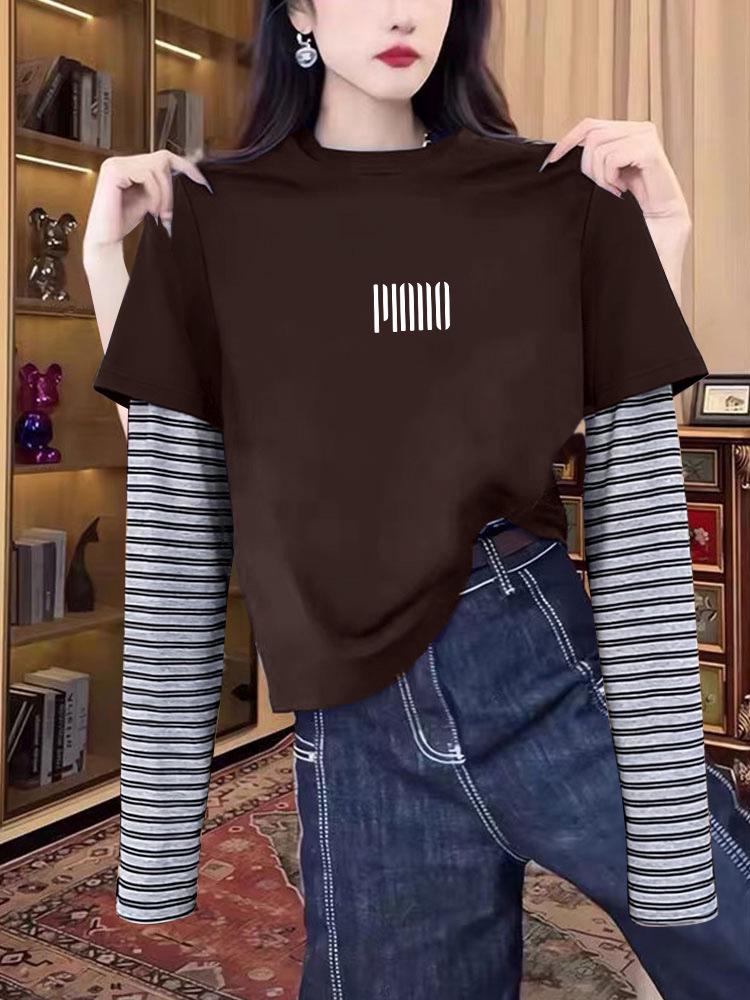 Design-Sense Women's Faux Two-Piece Striped Long Sleeve Round Neck Top - Versatile Black T-Shirt for Spring, Autumn, Winter