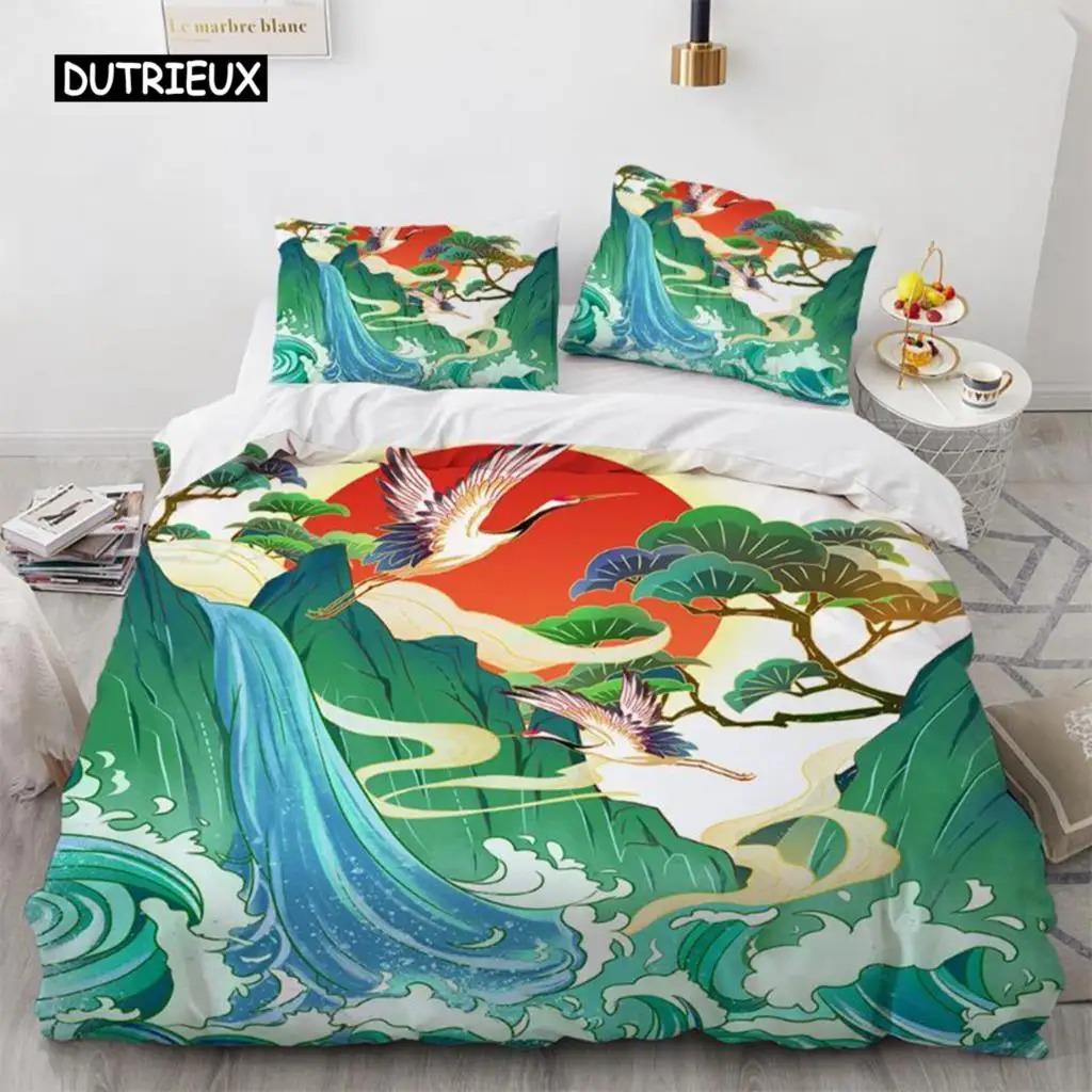 Wave Duvet Cover Set Hokusai Pattern Japanese Ukiyoe Quilt Cover Oriental Sketch Style Ocean Queen Twin Polyester Bedding Set