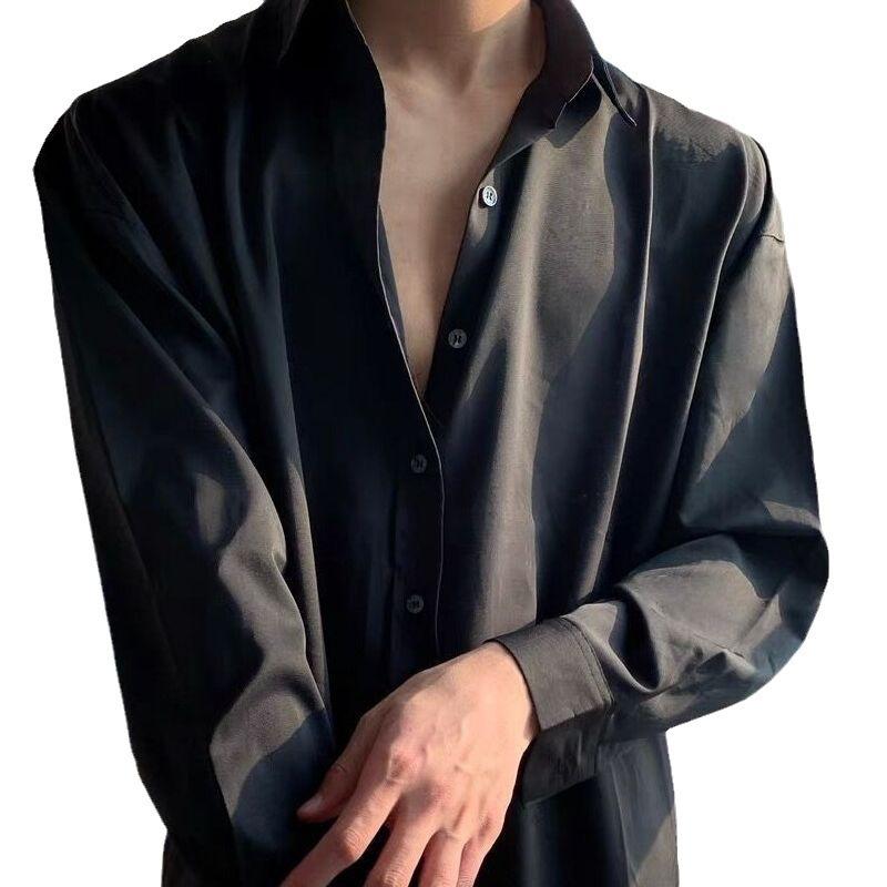 Pánská černá saténová košile na knoflíky Ležérní Oversized Streetwear Top