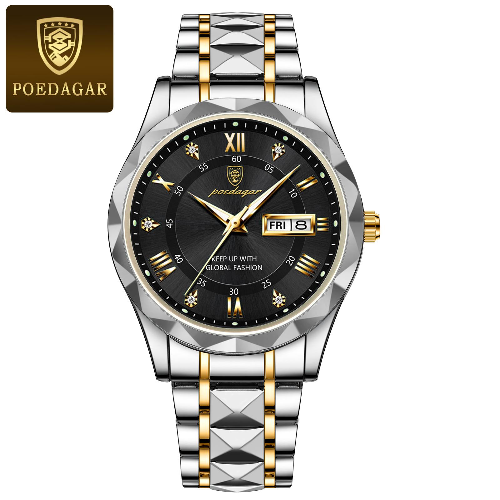 

POEDAGAR Top Luxury Brand Men Watches Waterproof Luminous Calendar Week Watch for Man Stainless Steel Casual Quartz Watch чёрный/золотой