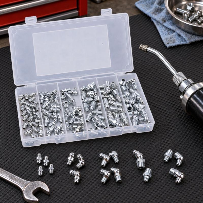 Grease Connection Fitting Assortment with Six-Sided Installation Bases for Machinery Lubrication Maintenance Tasks