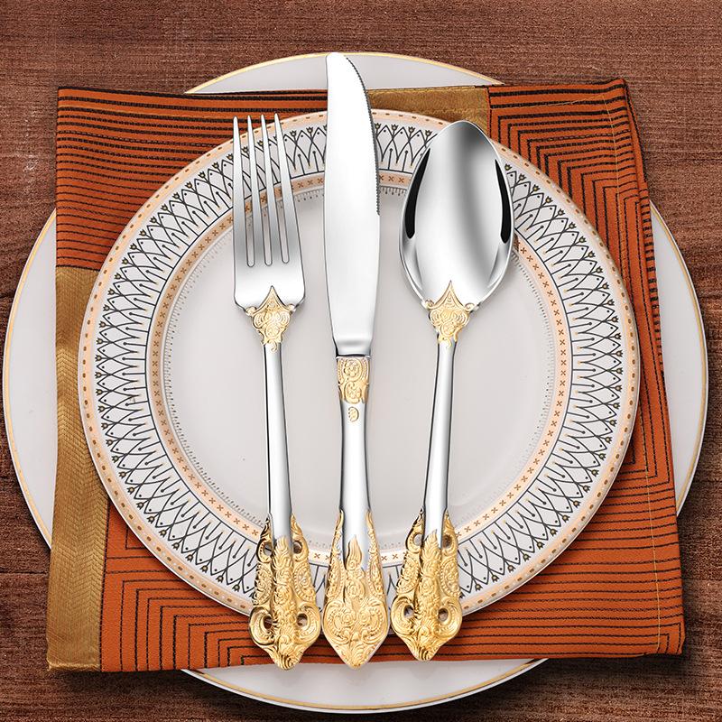 Stainless Steel Dinnerware Sets High-grade Knife Fork And Spoons Cutlery Kits Gold Plated Floral Pattern Tableware Dropship