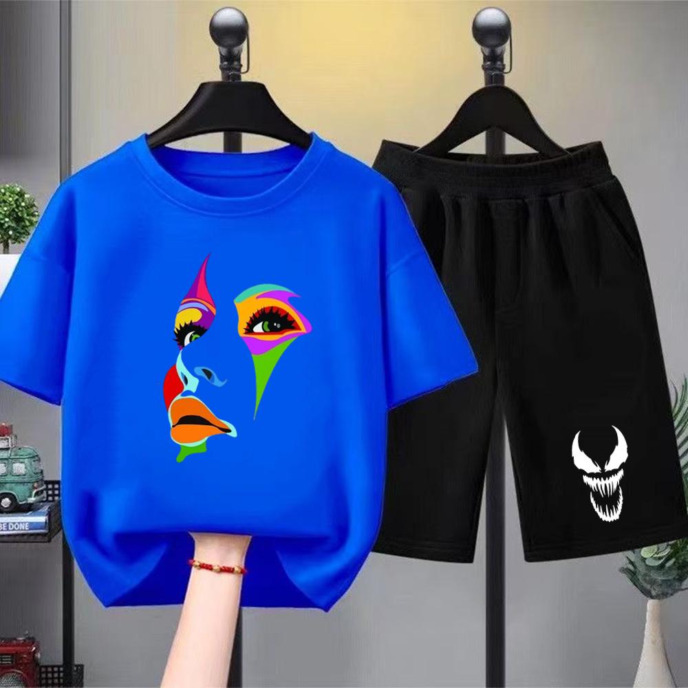 Hip Fashion Hop Trend Street Art Print Summer T-shirt+shorts Boy Black Girl Sets T-shirt kids Tops Casual Tees round neck-Neck
