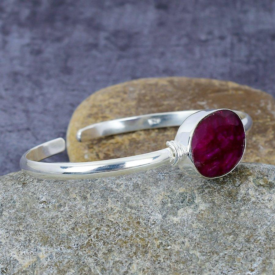 Lab Skapad Ruby Gemstone Handgjord 925 Sterling Silver Armring/Manschett justerbar present