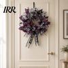 Halloween Spooky Wreath Mesh Ribbon for Front Door, Skull Pumpkin with Purple Decor Bow, Black Stripe Decorative Garland Doors Walls Windows
