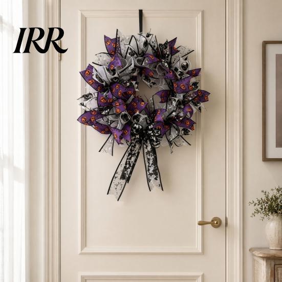 Halloween Spooky Wreath Mesh Ribbon for Front Door, Skull Pumpkin with Purple Decor Bow, Black Stripe Decorative Garland Doors Walls Windows