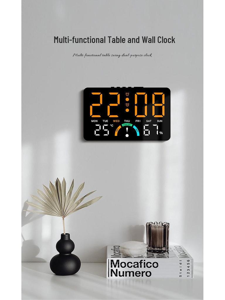 GH9007 Multifunctional LED Clock: Large Screen, Wall-Mountable & Tabletop, with Temperature, Humidity, and Alarm Features.