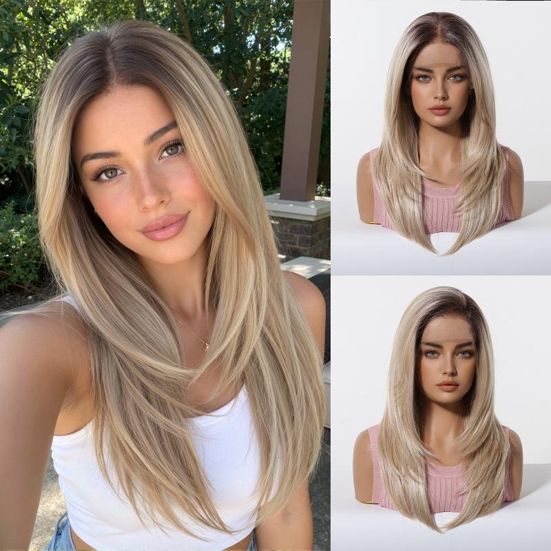 * HD large area lace wig medium black brown long straight hair fashion full hood lace Wig