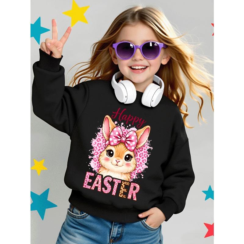 Kids Sweatshirt , Casual Sweatshirt Printed Round Neck Pullover, Happy Easter Bunny Pink Bow, Autumn and Winter