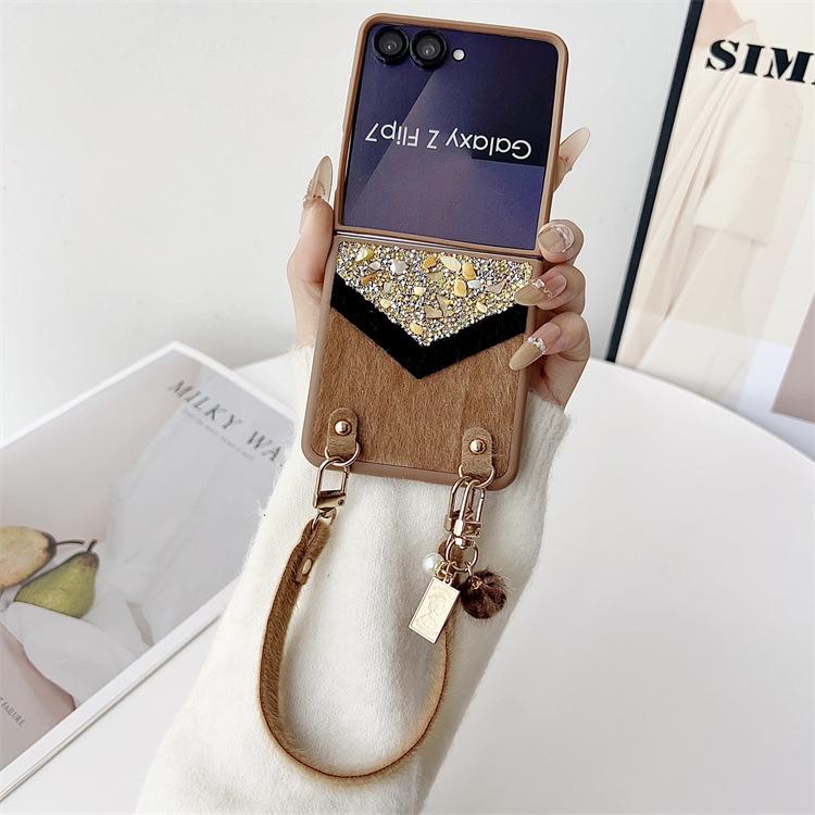 Applicable To Samsung ZFlip7 Splicing Rhinestone Mink Hair Mobile Phone Case ZFlip6 Portable Lanyard Folding Screen Protective Case