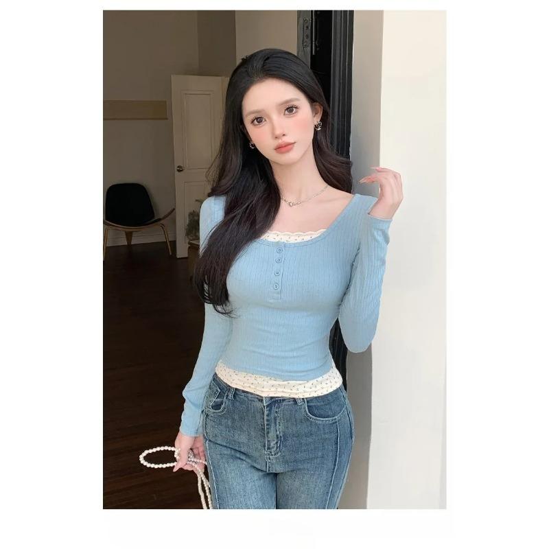 Camiseta de Manga Larga para Mujer Primavera y Otoño Estilo Francés Ajustada Ropa de Mujer con Falso Dos Encaje Y2k