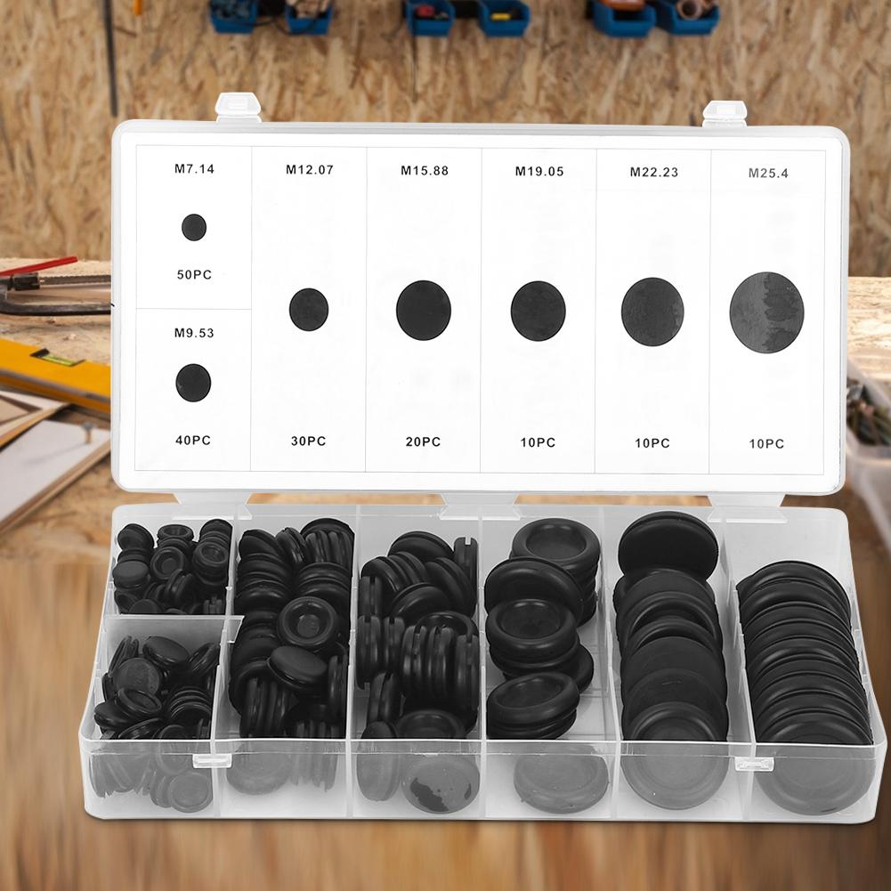 170pcs Black Closed Seal Ring Electrical Wiring Cable Gasket Kit Rubber Grommet Set with Plastic Box