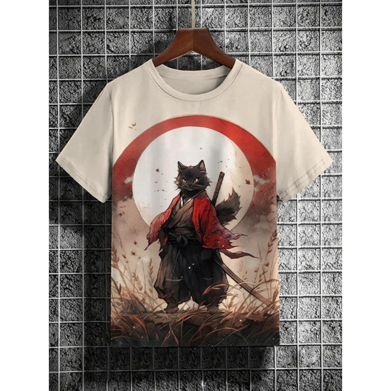Herren T-Shirt im japanischen Stil mit Samurai-Katze-Grafik und 3D-Druck, lässiges kurzärmliges T-Shirt für den Außenbereich, übergroße Herrenbekleidung